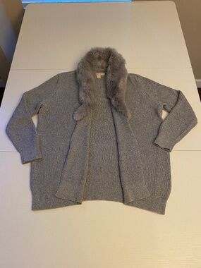 MICHAEL KORS Metallic Knit Faux Fur Collar Cardigan Oversized in Grey Sz Medium
